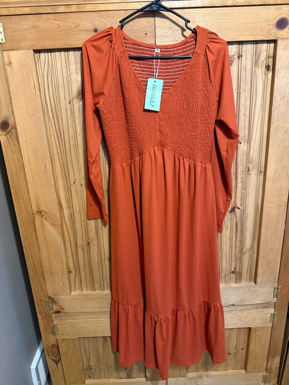 Ausellly Long Sleeve Smocked Midi Dress in Rust
